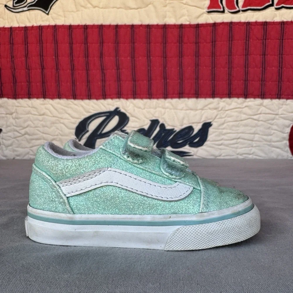 Size 5c - Vans Old Skool Glitter‎ Shoes Kids Mint White Low Top Sneakers